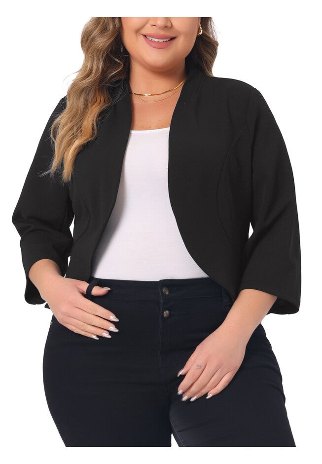 OPEN FRONT 3/4 SLEEVE SUIT BLAZER, Black / Black, alternate image number 4