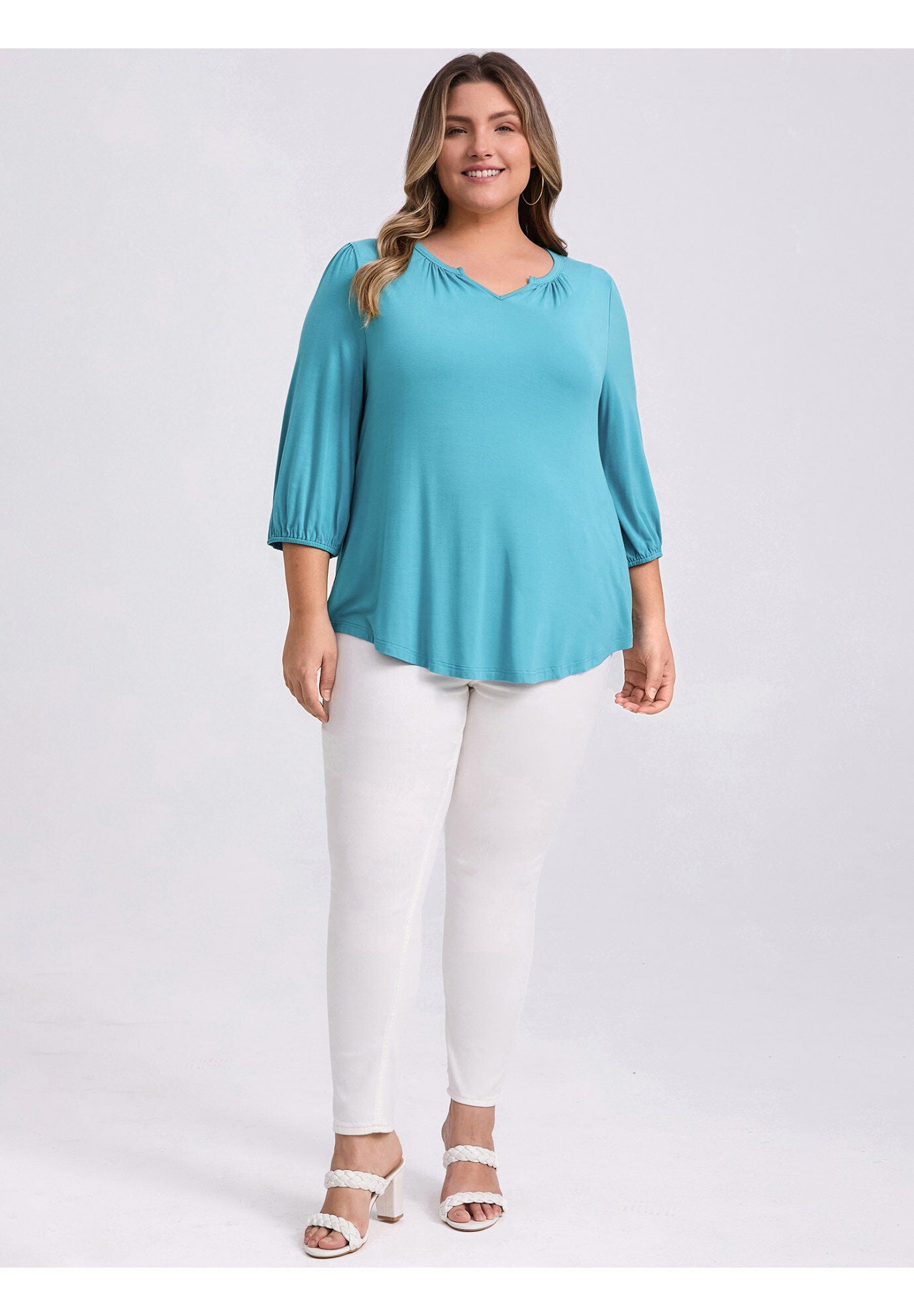 Smocked 3/4 Sleeve Notch V Neck Shirt Blouse, Lake Blue / Azure Blue, alternate image number 1