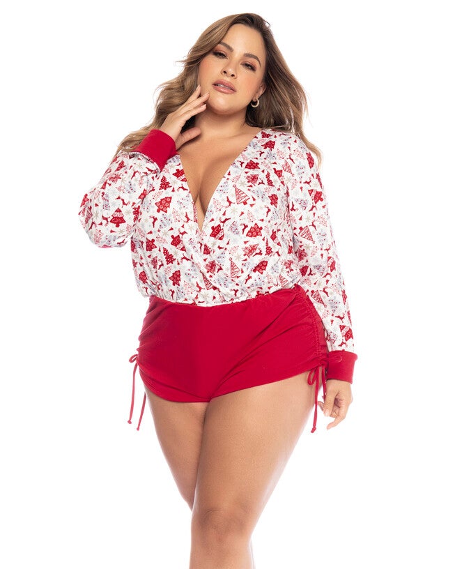 Long Sleeve Sleep Romper, Holiday Print / White, hi-res image number 0