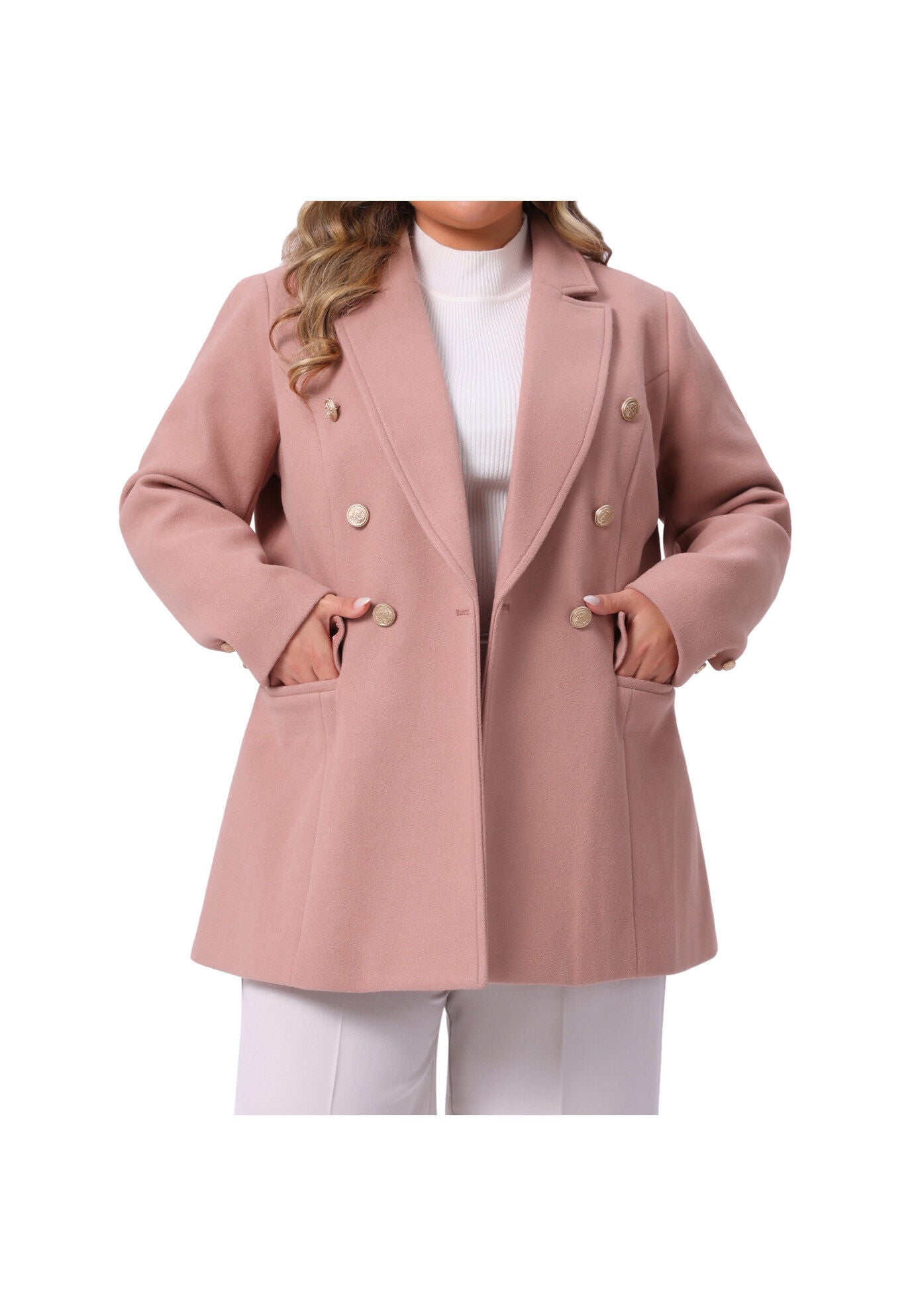 Notch Double-Breasted Lapel Winter Coats, Pink / Pink, alternate image number 2