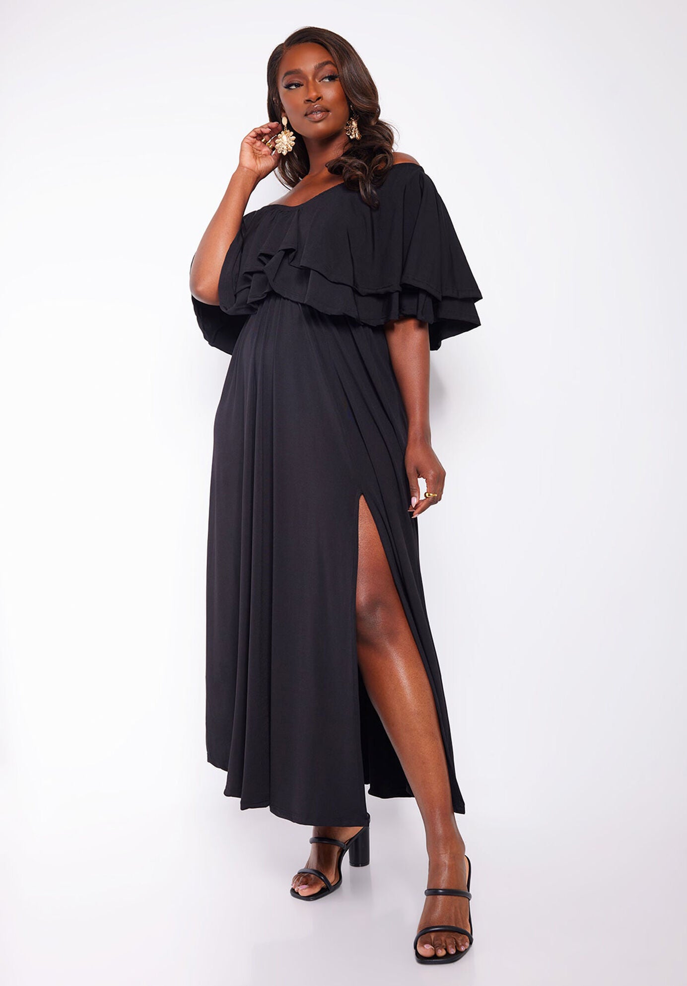 Taryn Ruffled Thigh Slit Maxi Skater Dress, Black / Black, hi-res image number 0