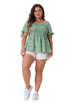 Summer Square Neck Smocked Bow Tie Short Sleeve Peplum Blouse