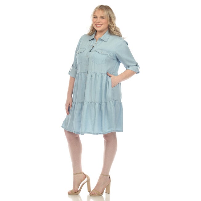 Long Sleeve Tiered Midi Shirt Dress, Denim Blue / Chambray Denim Medium, alternate image number null