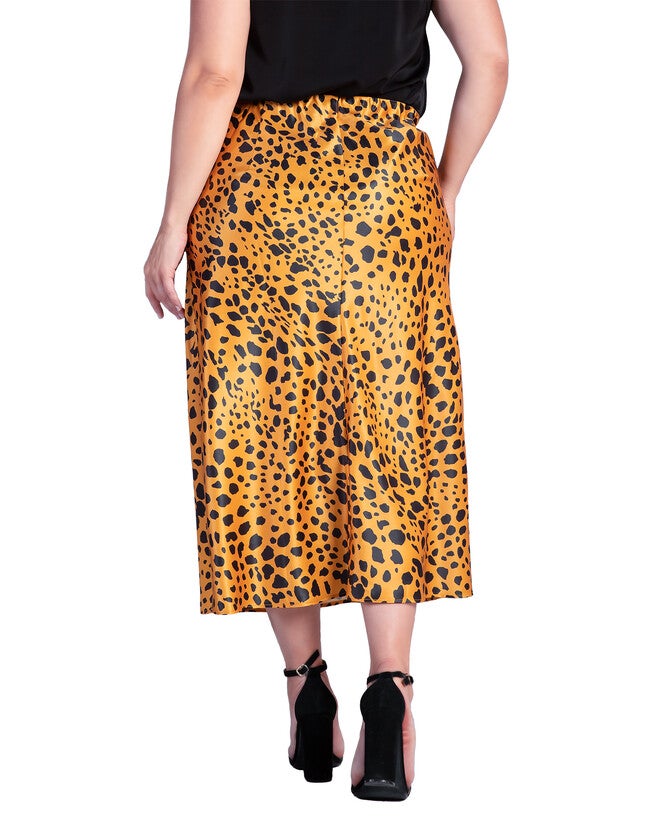 Women's Plus Size Silky Sateen Leopard Print Midi Skirt, Gold Print / Gold, alternate image number 2