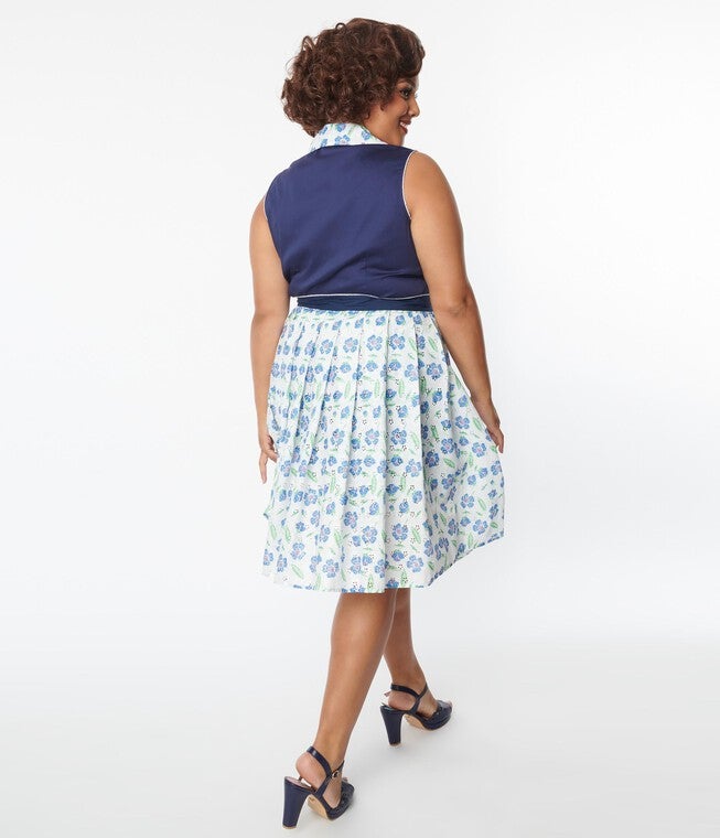 Unique Vintage White & Blue Floral Eyelet Collins Wrap Swing Skirt, White Floral / White, alternate image number 2