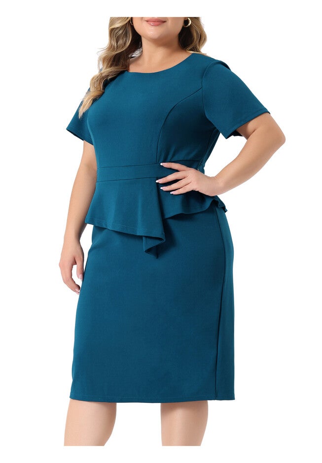 Short Sleeves Crew Neck Office Peplum Pencil Dress, Lake Blue / Light Blue, alternate image number 2