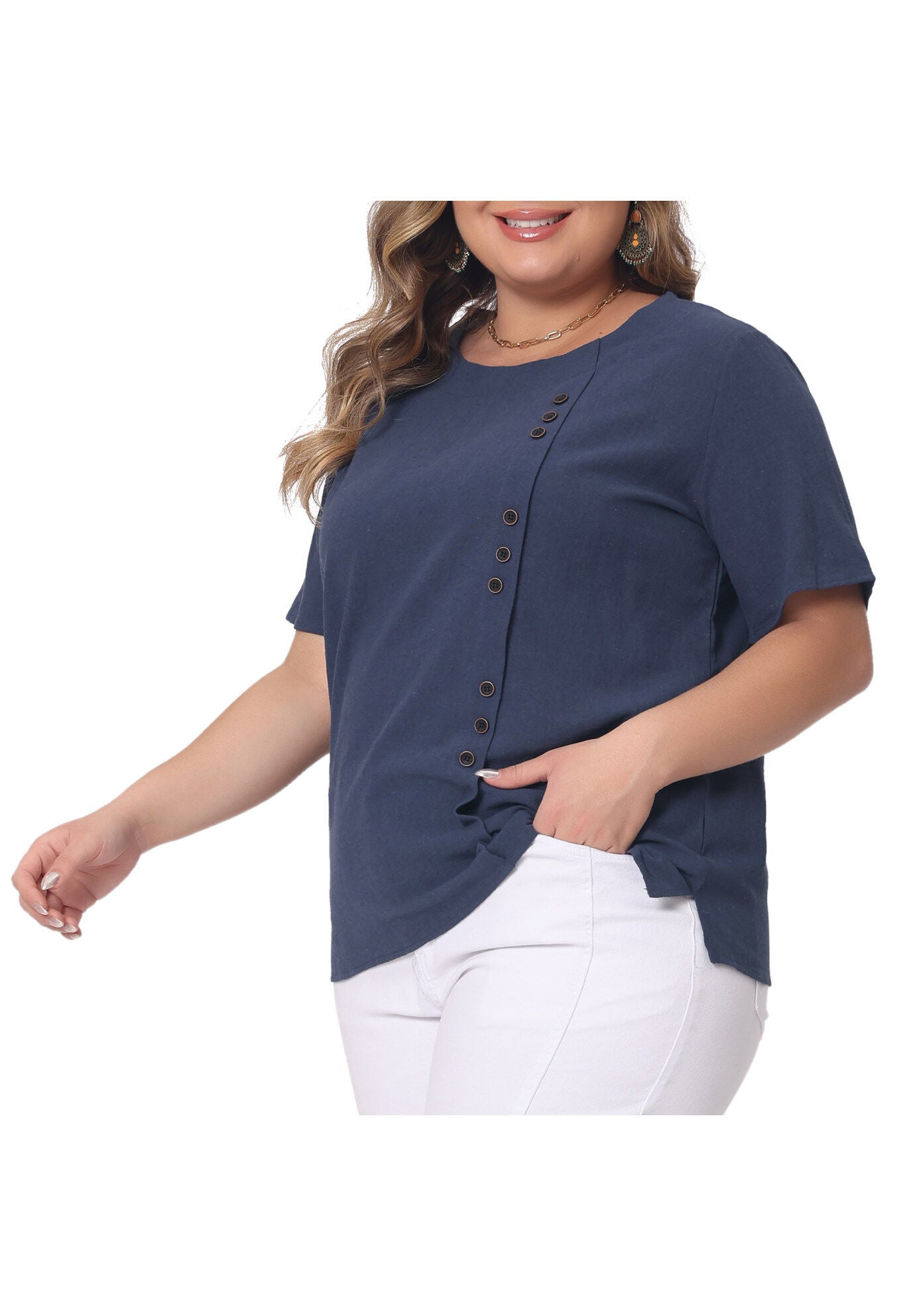 Short Sleeve Round Neck Cotton Linen T-Shirt Top, Navy Blue / Navy, alternate image number 1