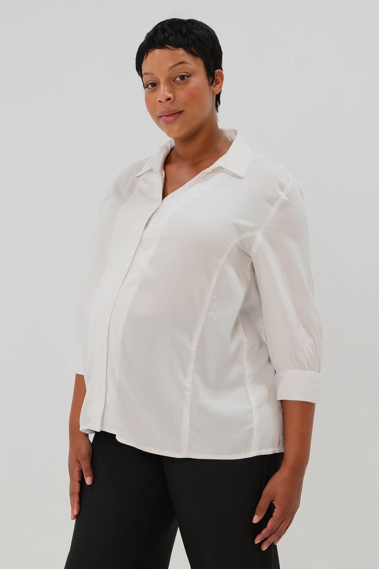 MARION Women's No-Gap 3/4 Sleeve Maternity & Nursing Button Down Shirt in with Bra Concealing Design in TENCEL, White / White, alternate image number 2