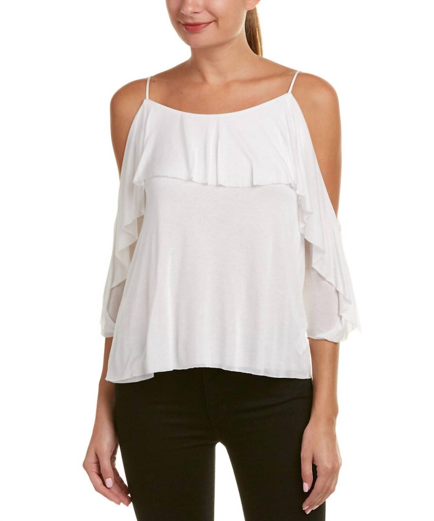 WOMEN COLD SHOULDER SPAGHETTI STRAP LAYERED TOP IN WHITE, White / White, alternate image number 4