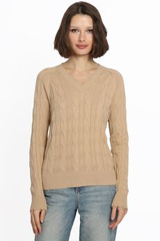 Cotton frayed edge cable v neck