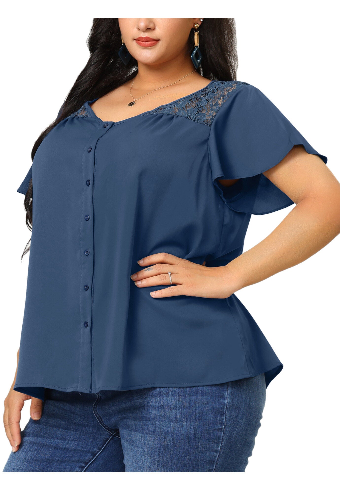 Chiffon Shirt Summer Lace V Neck Flare Sleeve Casual Work Top, Royal Blue / Royal Blue, alternate image number 1