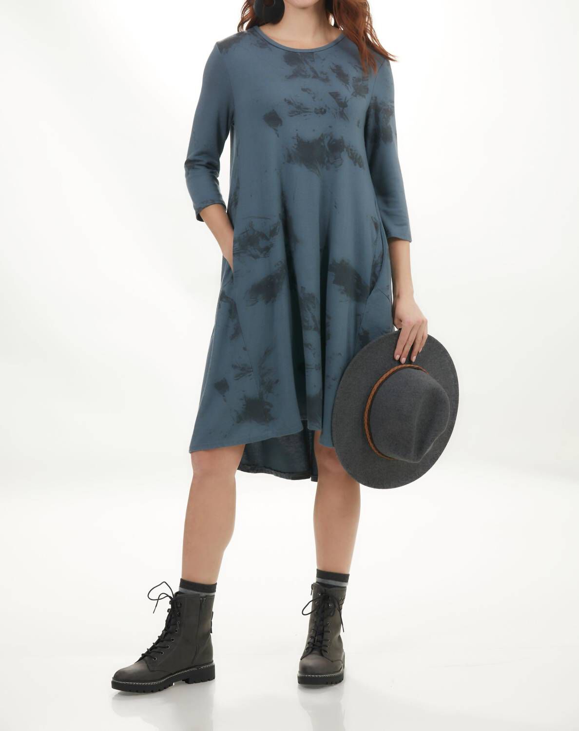 LONG SLEEVE MIDI DRESS IN MARBLE, Marble / Charcoal Grey, hi-res image number 0