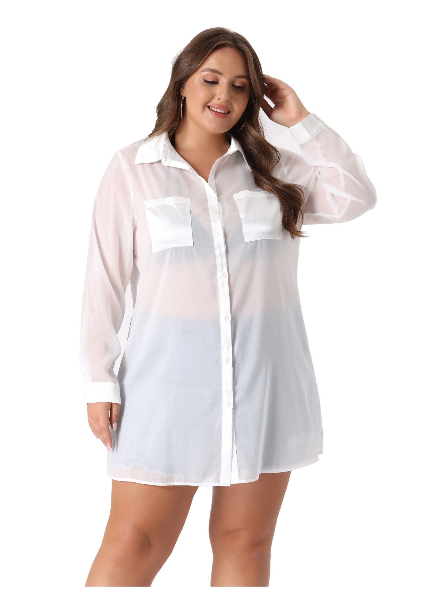 LONG SLEEVE BUTTON DOWN SOLID SHEER SHIRT TOP, White / White, hi-res image number 0