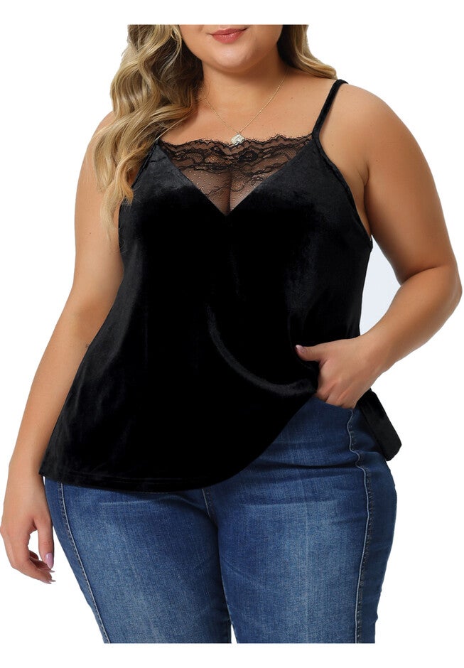 VELVET CAMI LACE DEEP V NECK SLEEVELESS TOP, Black / Black, alternate image number 1