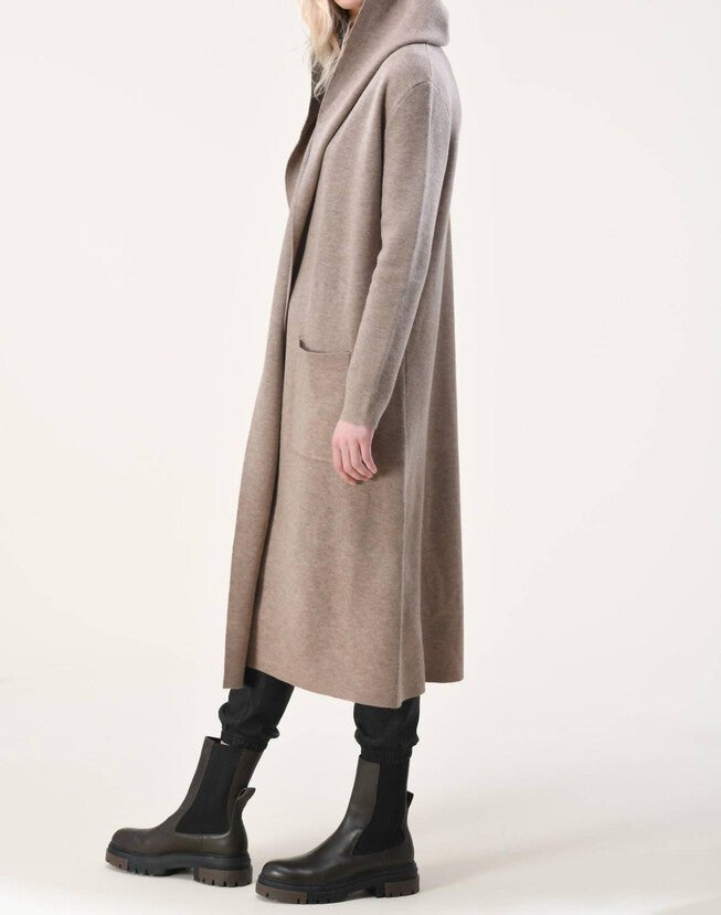 EVA SOLID LONG CARDIGAN WITH HOODIE IN OATMEAL, Oatmeal / Beige, alternate image number null