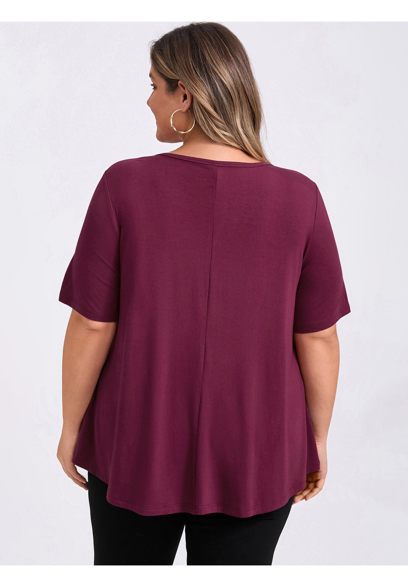 Knit Keyhole V Neck Short Sleeve Swing Tunic Blouse, Burgundy / Burgundy, alternate image number 2