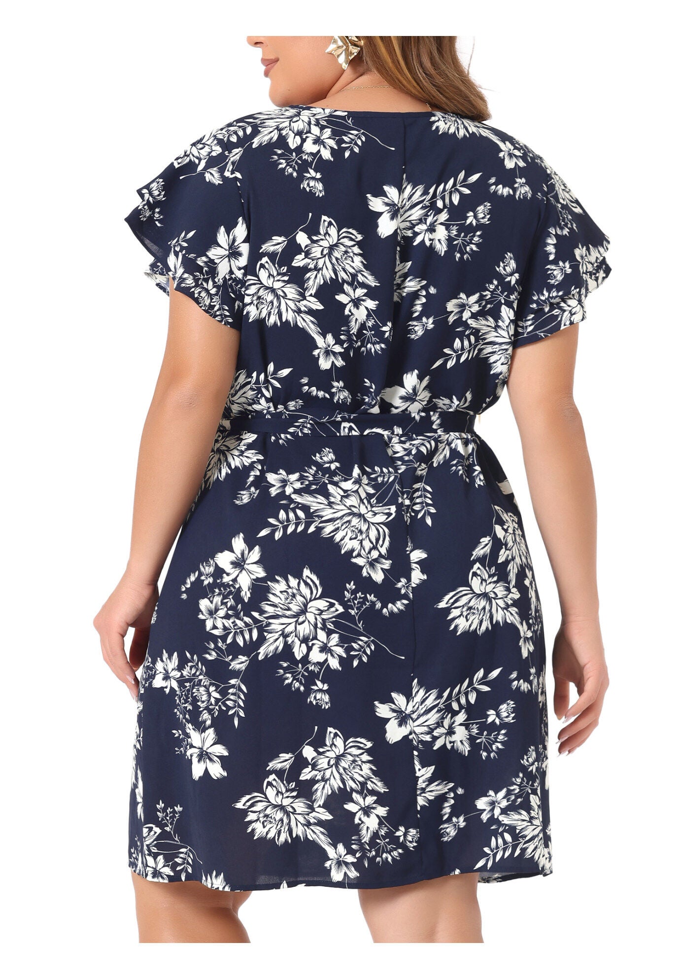V Neck Tie Waist Layered Short Sleeve Floral Dress, Navy Blue / Navy, alternate image number 4