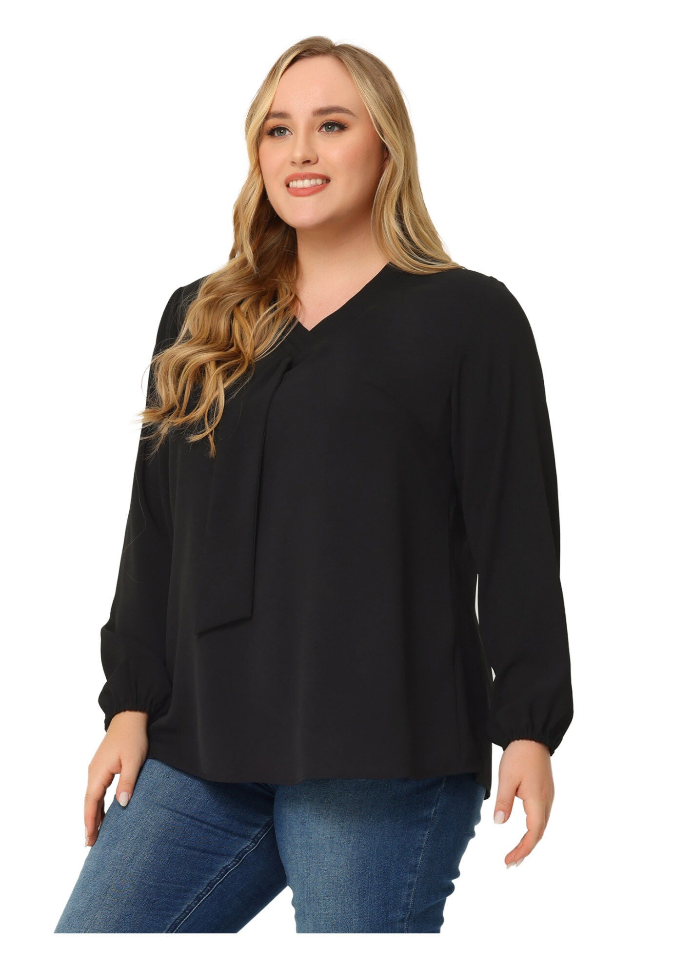 V Neck Long Sleeve Ruffle Tie Front Office Work Chiffon Blouse Top, Black / Black, hi-res image number 0