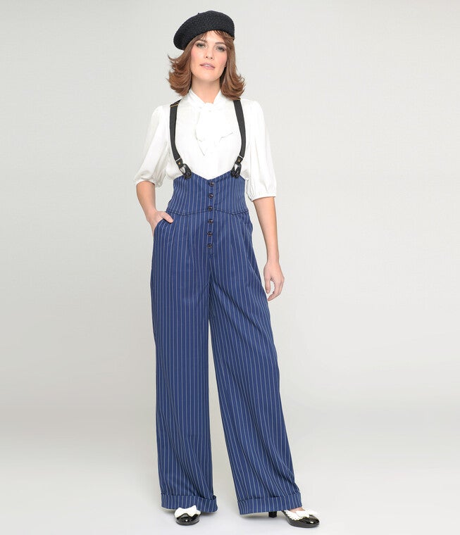 Unique Vintage Navy & White Pinstripe Thelma Suspender Pants, navy and white Stripes / Navy, hi-res image number 0