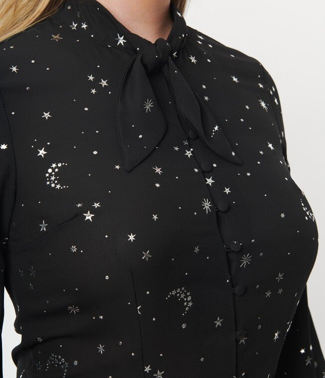 Unique Vintage Black Moon Star Print Blouse, Black Silver Stars / Black, alternate image number null