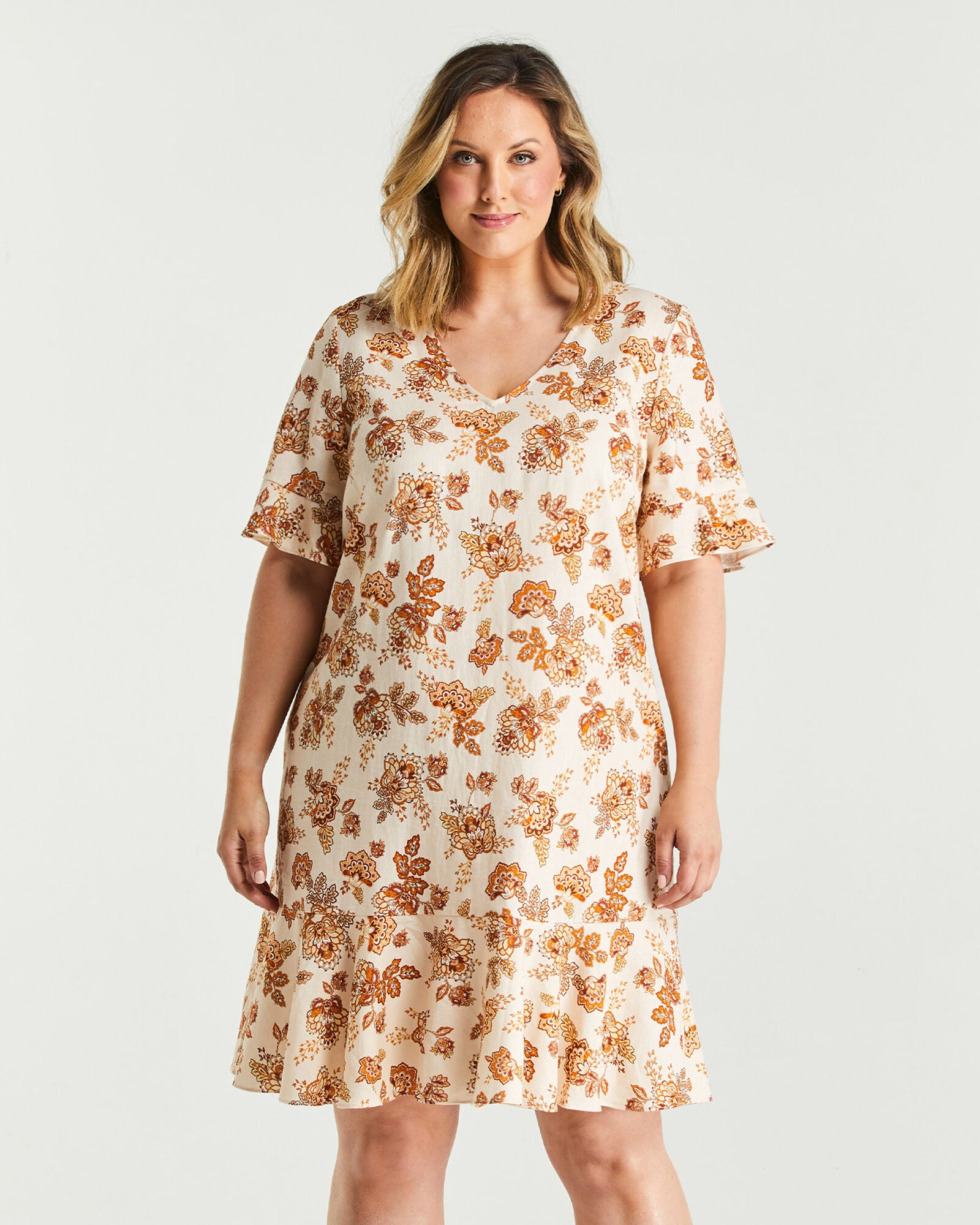 Earth Blooms Ruffle Dress, Print / Beige, alternate image number 1