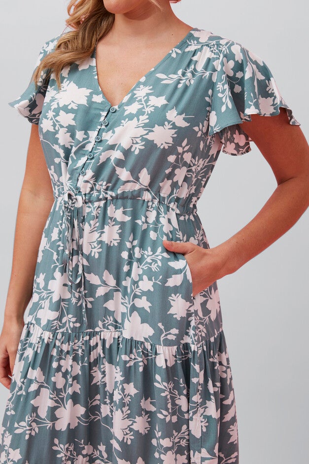 Agata Dress Fit & Flare Floral Tiered Green, Green / Olive Green, alternate image number null