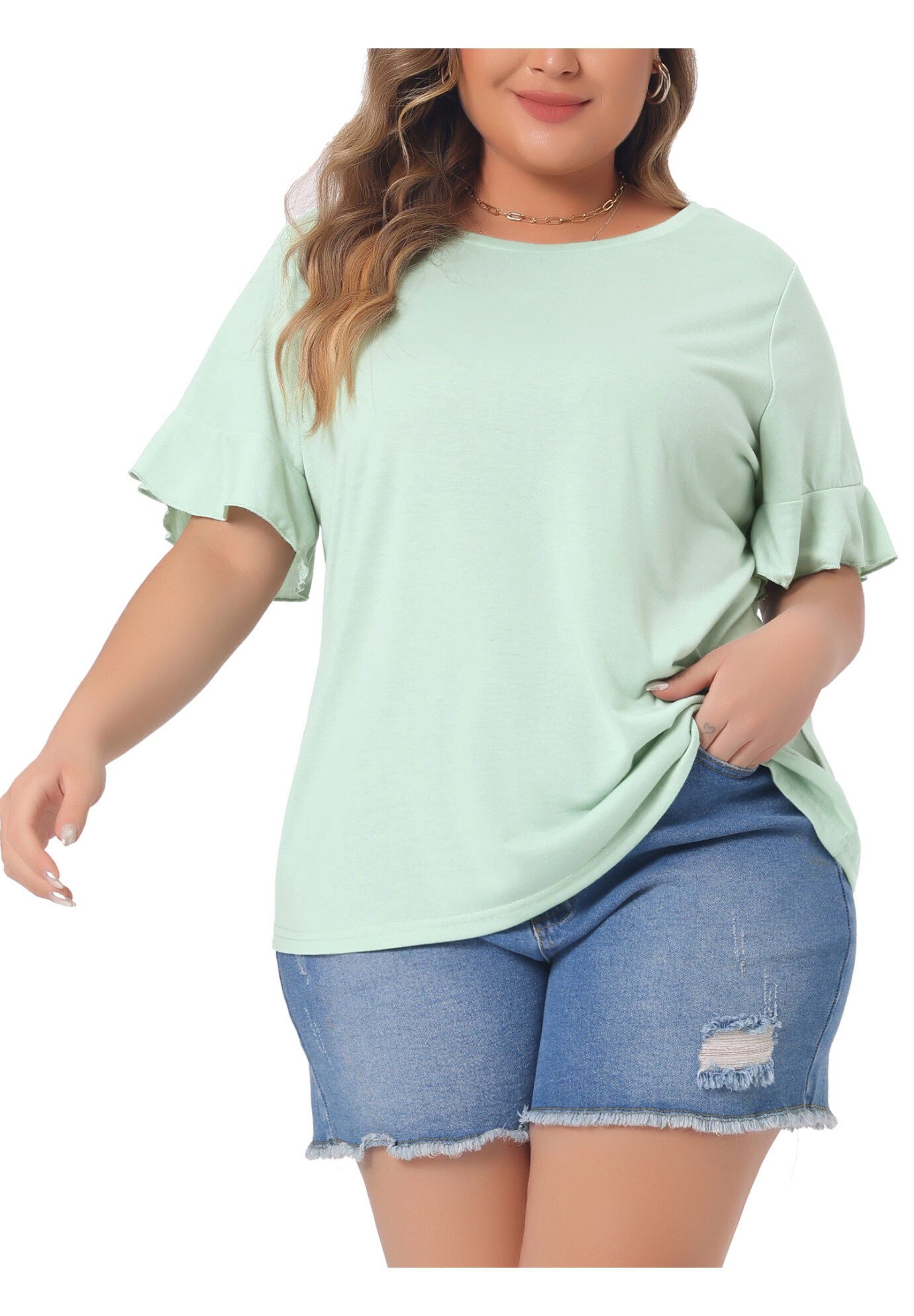 PLAIN CREW NECK RUFFLE SHORT SLEEVE TEE TOP, Mint Green / Light Green, alternate image number 2