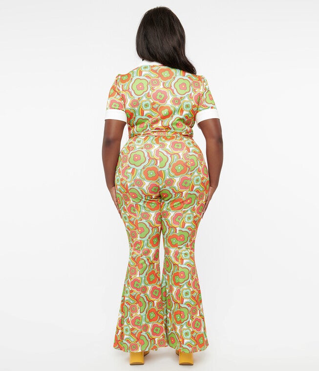 Unique Vintage 1970s Green Retro Floral Wide Leg Jumpsuit, Green Retro Floral / Light Green, alternate image number 3