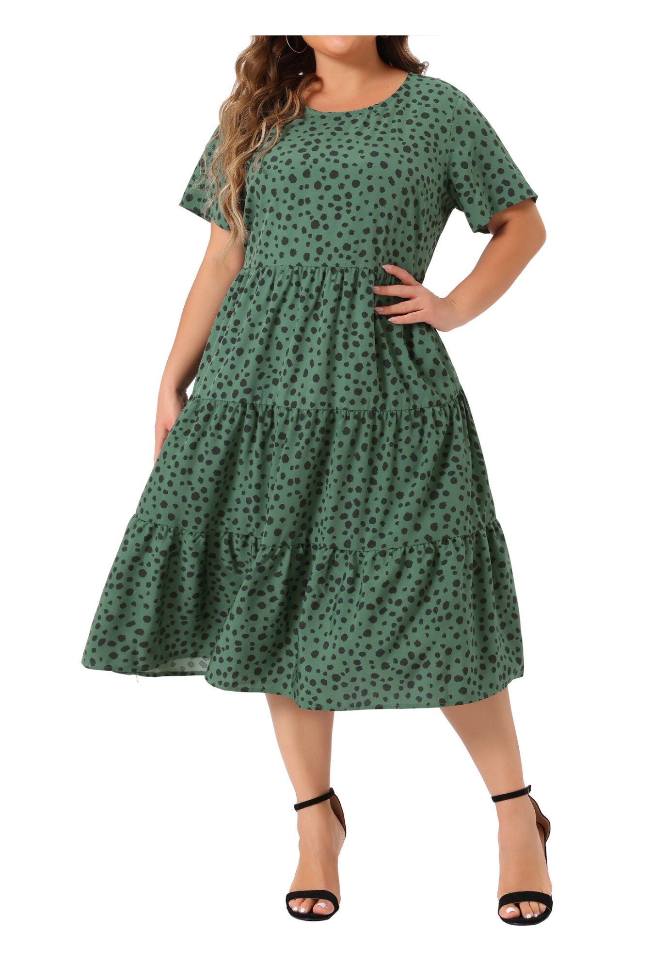 Polka Dots Short Sleeve Midi Layered Dress, Dark Green / Forest Green, alternate image number 1