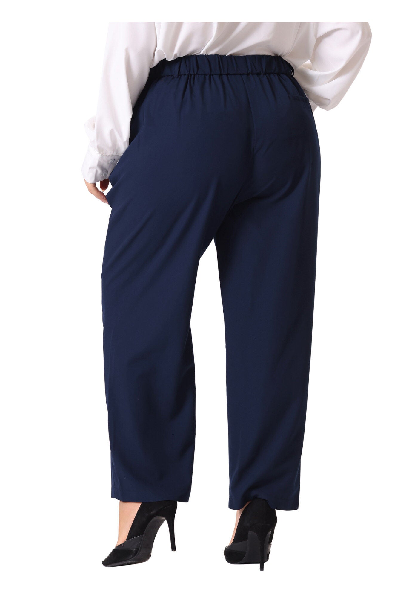 ELASTIC HIGH WAISTED LONG STRAIGHT BUSINESS CASUAL TROUSERS, Navy Blue / Navy, alternate image number 3