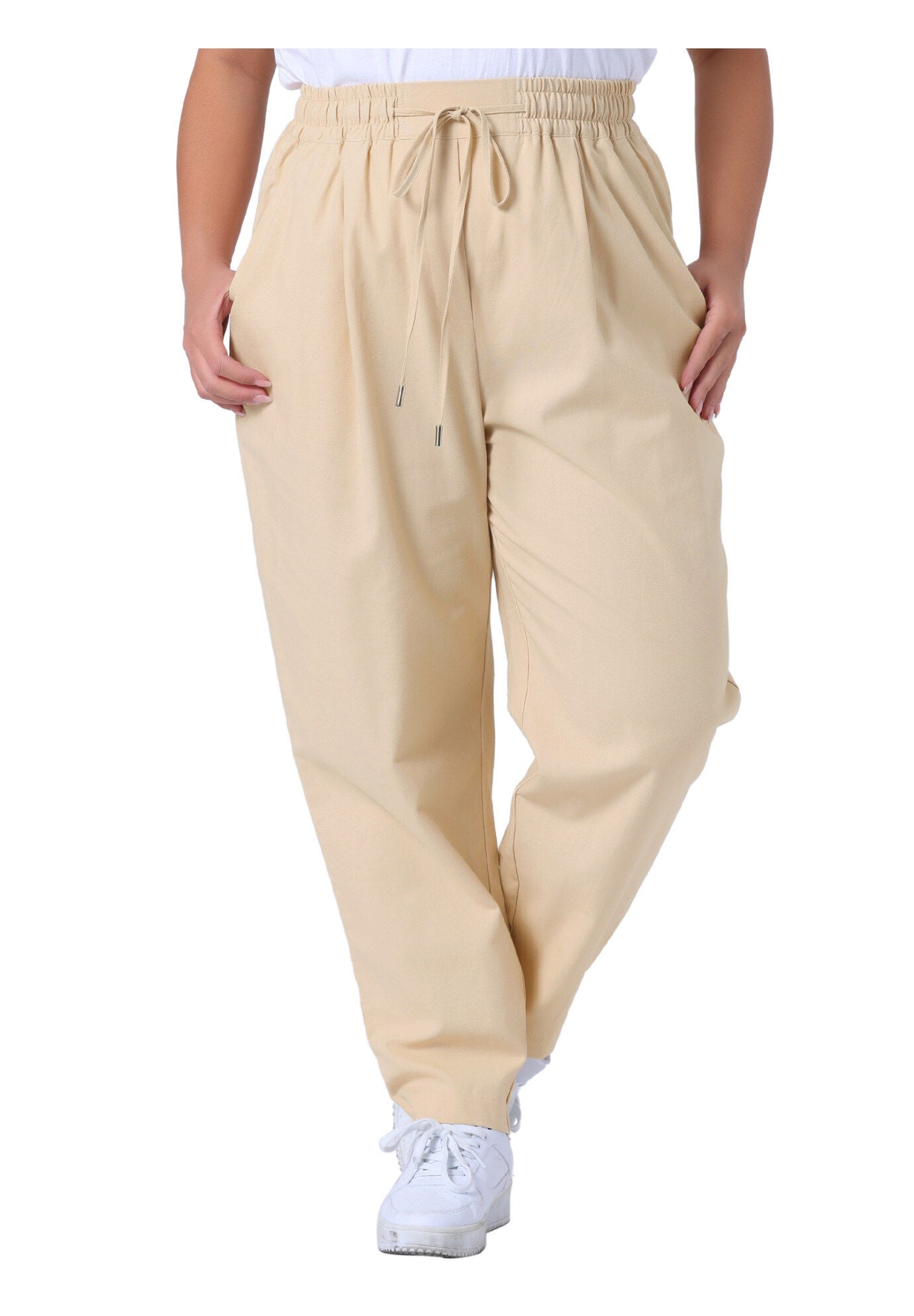 STRAIGHT LEG DRAWSTRING ELASTIC LOOSE TROUSERS, Light Khaki / Beige, alternate image number 1