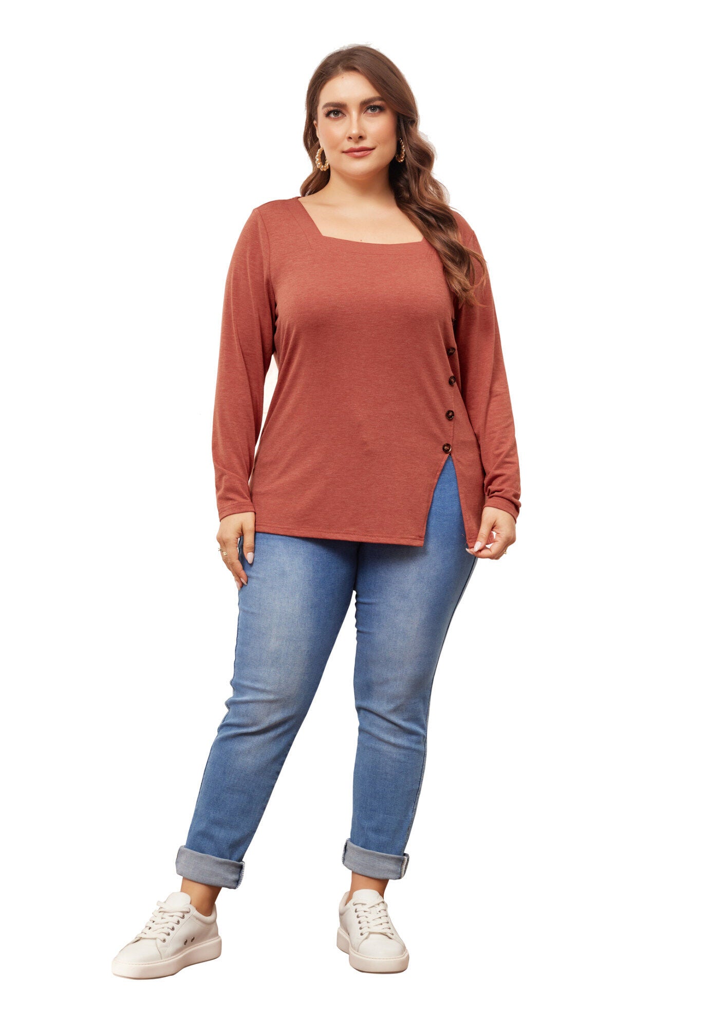 Side Button Square Neck Long Sleeve Tunic Blouse, Red Brown / Burnt Orange, hi-res image number 0