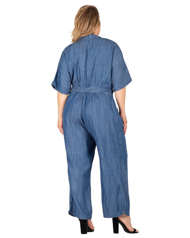 Yuki Women's Plus Size Tencel Denim Kimono Sleeves Tie Wrap Jumpsuit, , alternate image number 6