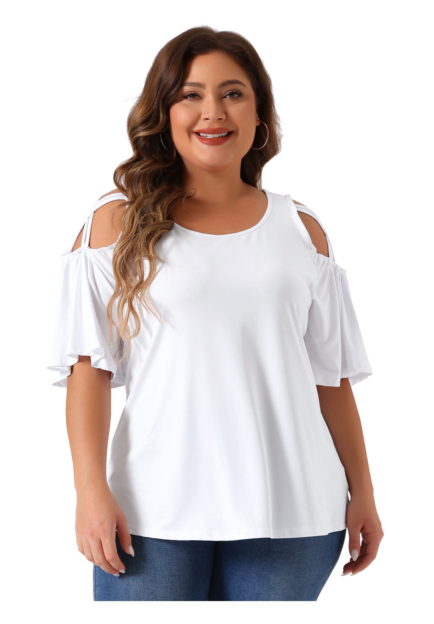 Cold Shoulder Bell Sleeve Summer Top, White / White, alternate image number 2