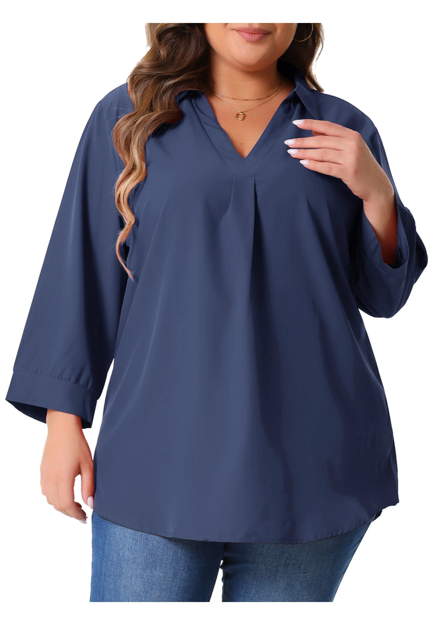 V Neck 3/4 Sleeve Flowy Blouse Work Chiffon Shirt, Dark Blue / Navy, alternate image number 2