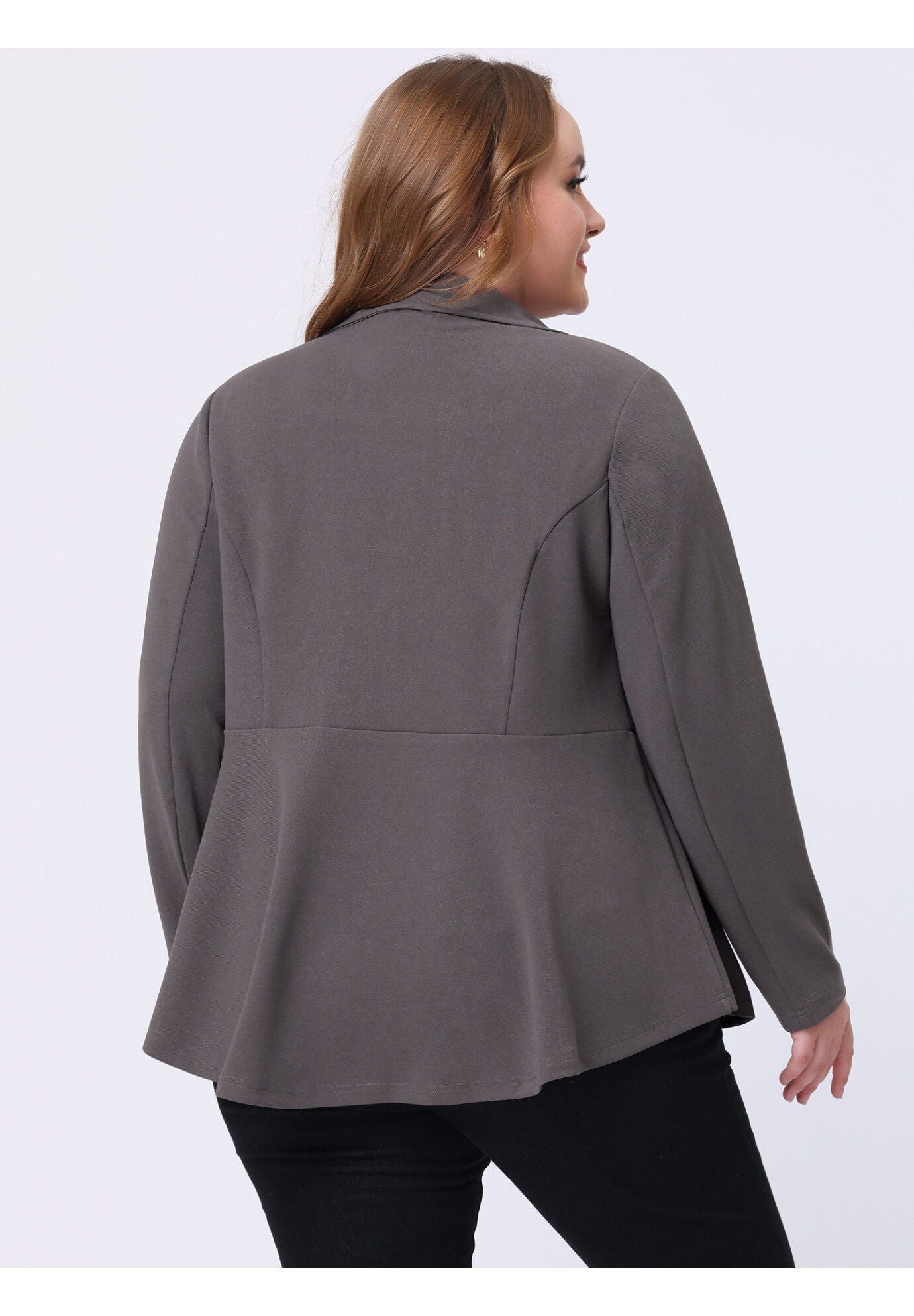 RUFFLE V NECK BUTTON NOTCH PANEL PEPLUM BLAZER, Gray / Warm Grey, alternate image number 3