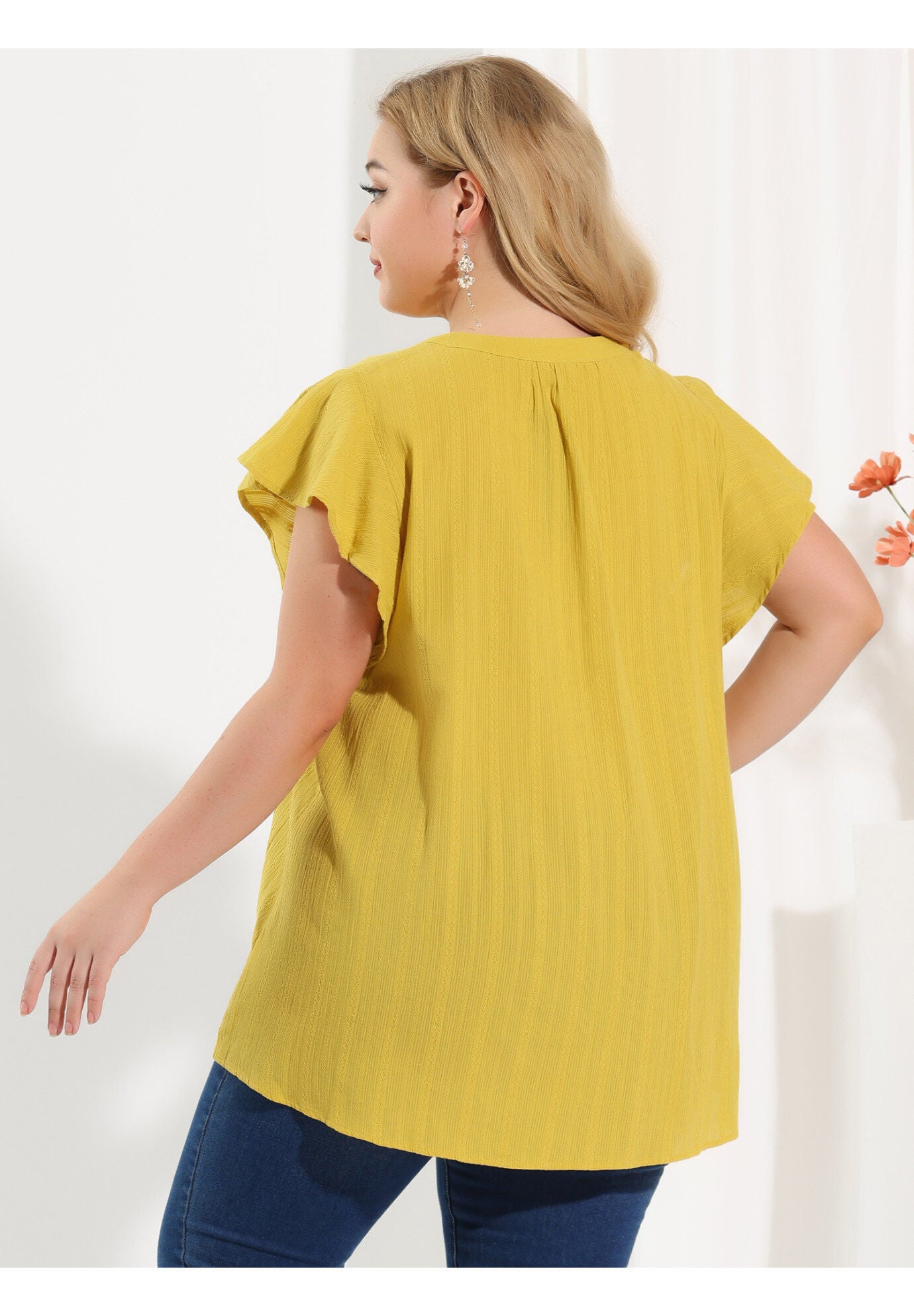 V NECK TASSEL SELF TIE FLUTTER BLOUSE, Ginger / Yellow, alternate image number 3