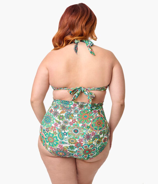 Unique Vintage Plus Size Green Kaleidoscope Monroe Halter Swim Top, Kelly Green / Kelly Green, alternate image number null