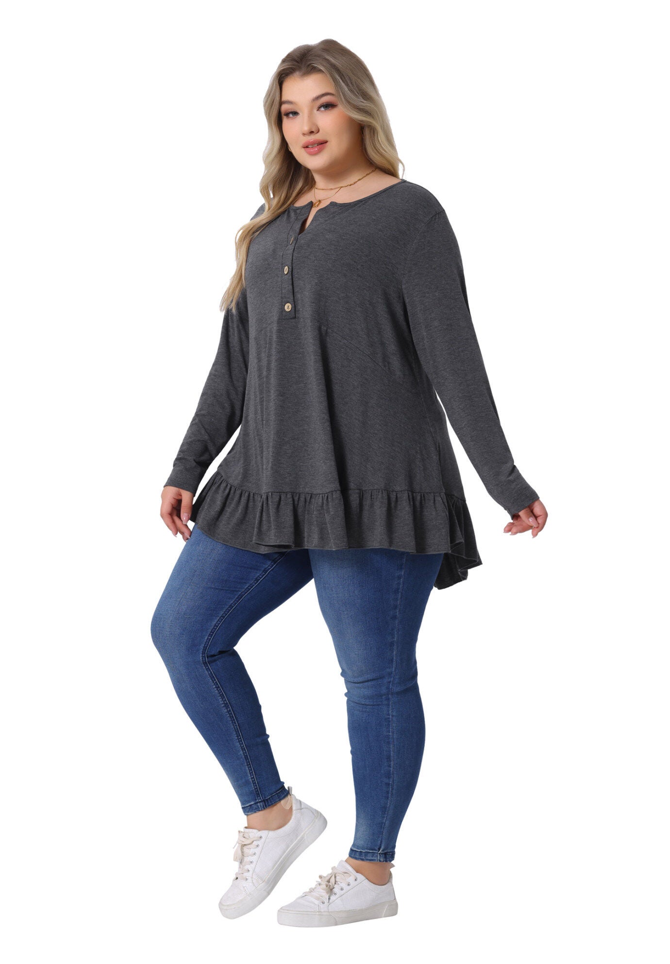 Henley V Neck Ruffled Hem Flowy Blouse Tunic, Gray / Charcoal Grey, hi-res image number 0
