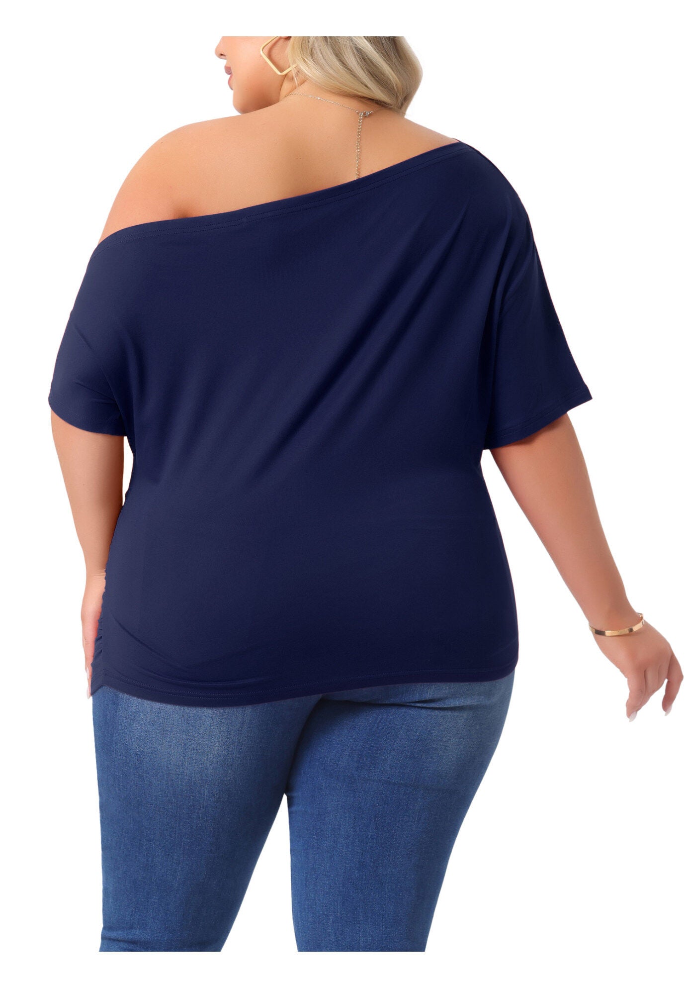 ONE SHOULDER SHORT SLEEVE RUCHED TOP, Dark Blue / Navy, alternate image number 3