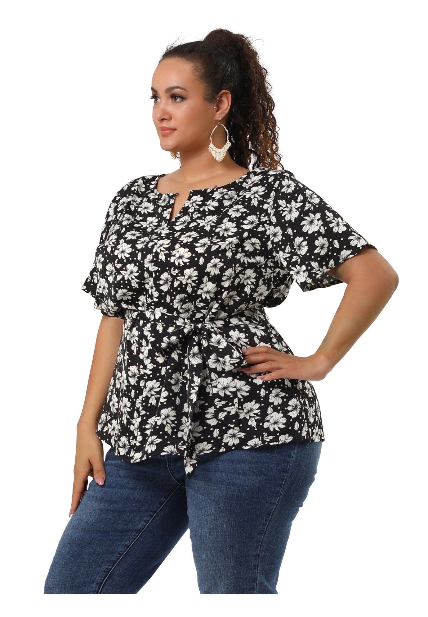 Tie Waist Floral Print Blouse Peplum Summer Top, Black / Black, hi-res image number 0