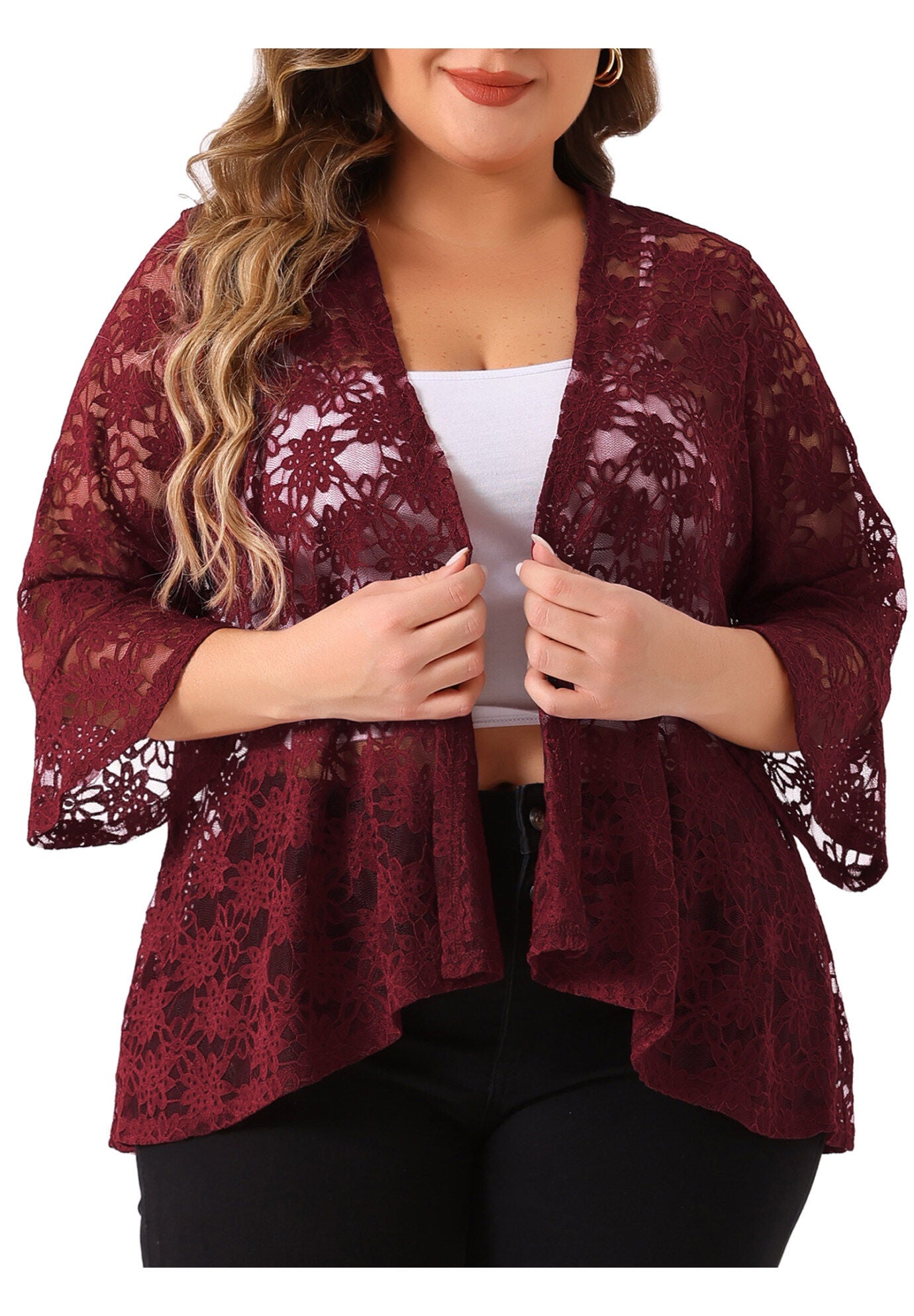 OPEN FRONT 3/4 BELL SLEEVE SHEER LIGHTWEIGHT LACE COVER UP CARDIGAN, Burgundy / Red, hi-res image number 0