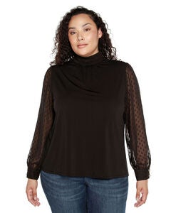 CLIP-DOT CHIFFON SLEEVE KNIT BLOUSE