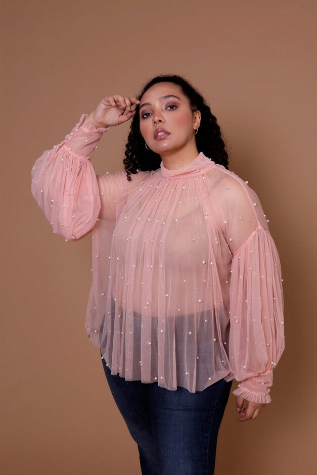 Bella Pearl Trim Mesh Top, Blush / Mauve, hi-res image number 0
