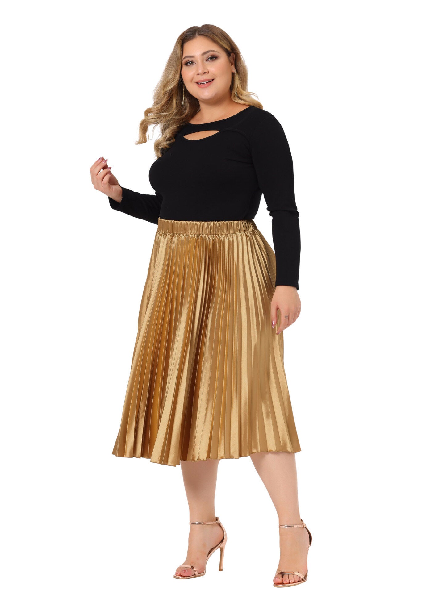 Elastic High Waist Metallic Shiny Accordion Pleated Midi Skirt, Gold / Gold, hi-res image number 0