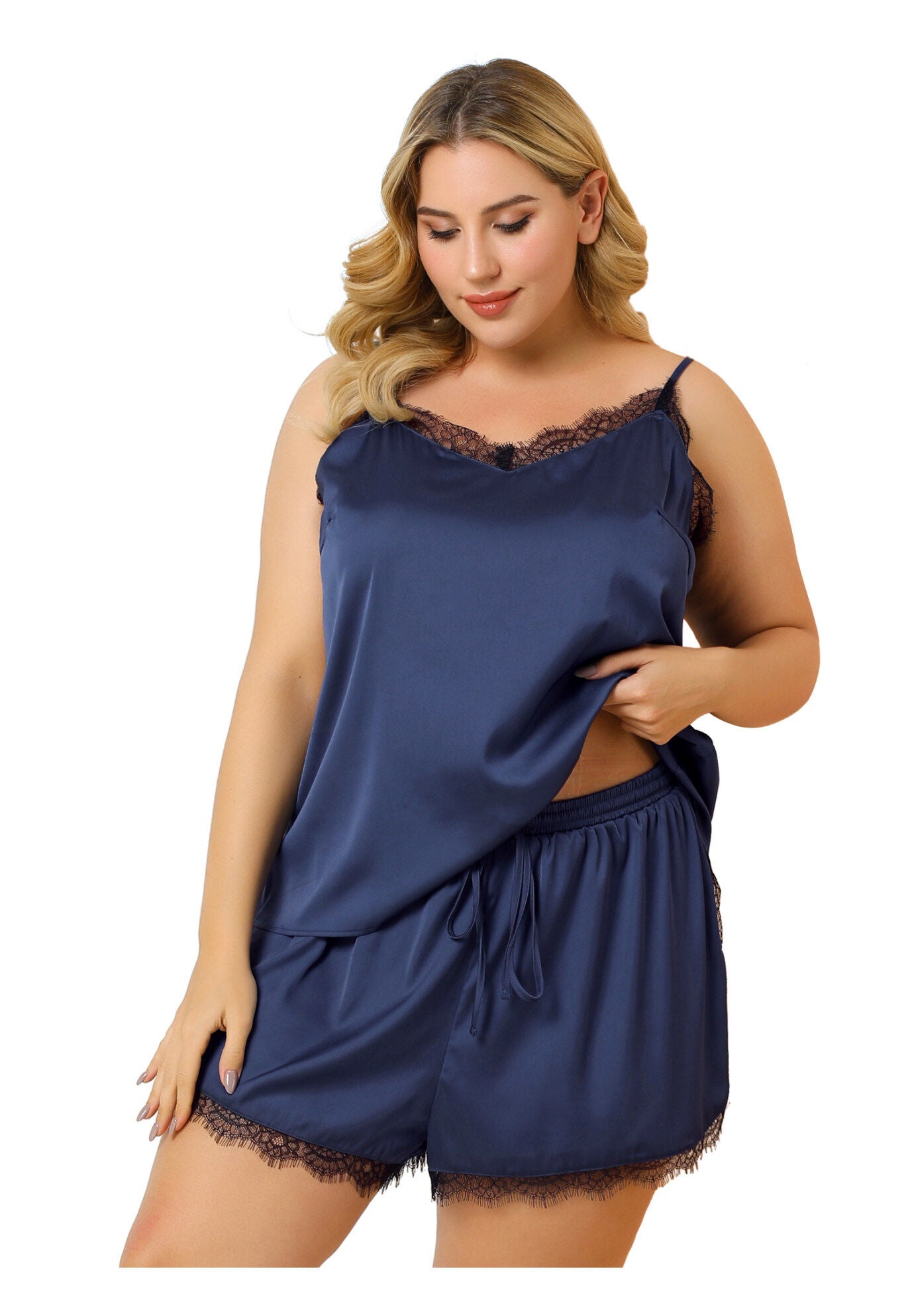 SATIN LACE PANEL CAMI TOP AND SHORTS SLEEPWEAR 2 PIECES PAJAMAS SET, Blue / Navy, alternate image number 2