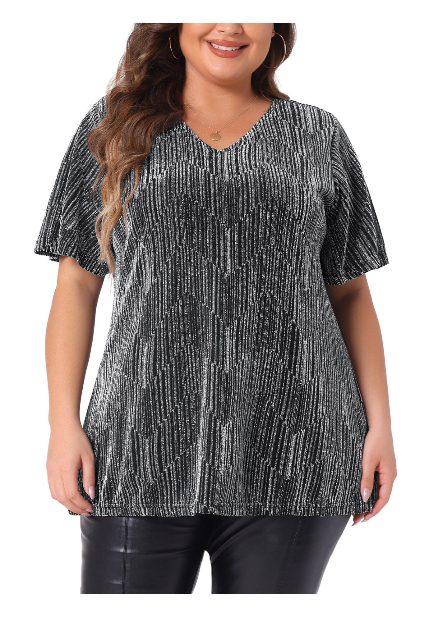 V Neck Metallic Short Sleeve Party Blouse Tee Top, Silver / Silver, alternate image number 2
