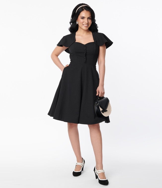 Unique Vintage Black Capelet Swing Dress, Black / Black, hi-res image number null