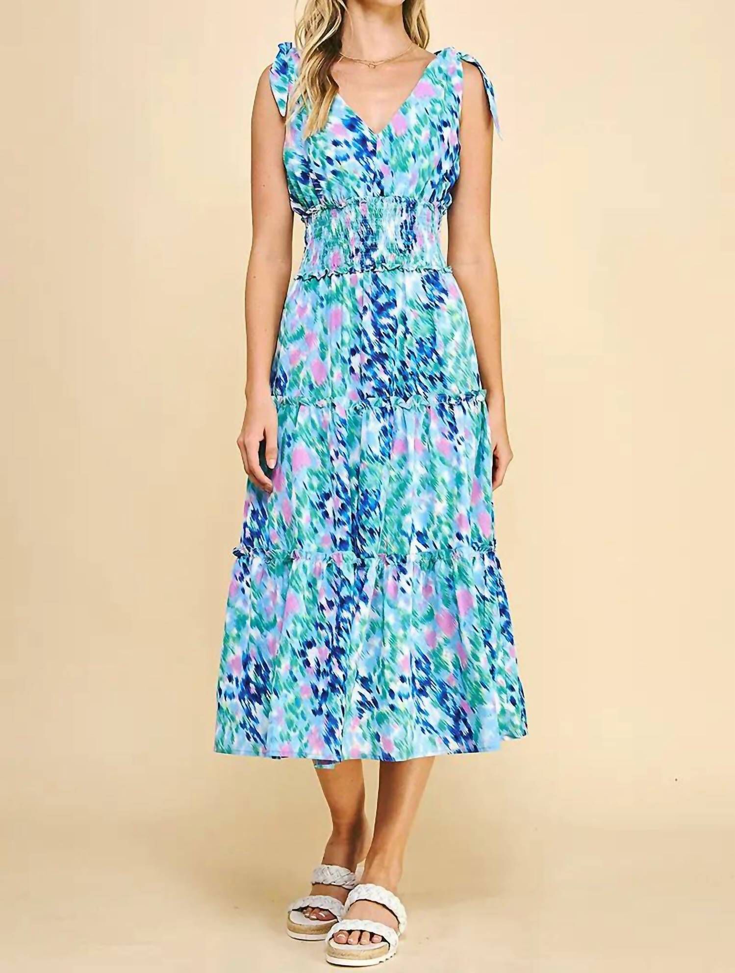 ARIEL MIDI DRESS IN WATERCOLOR, Watercolor / Light Blue, hi-res image number 0