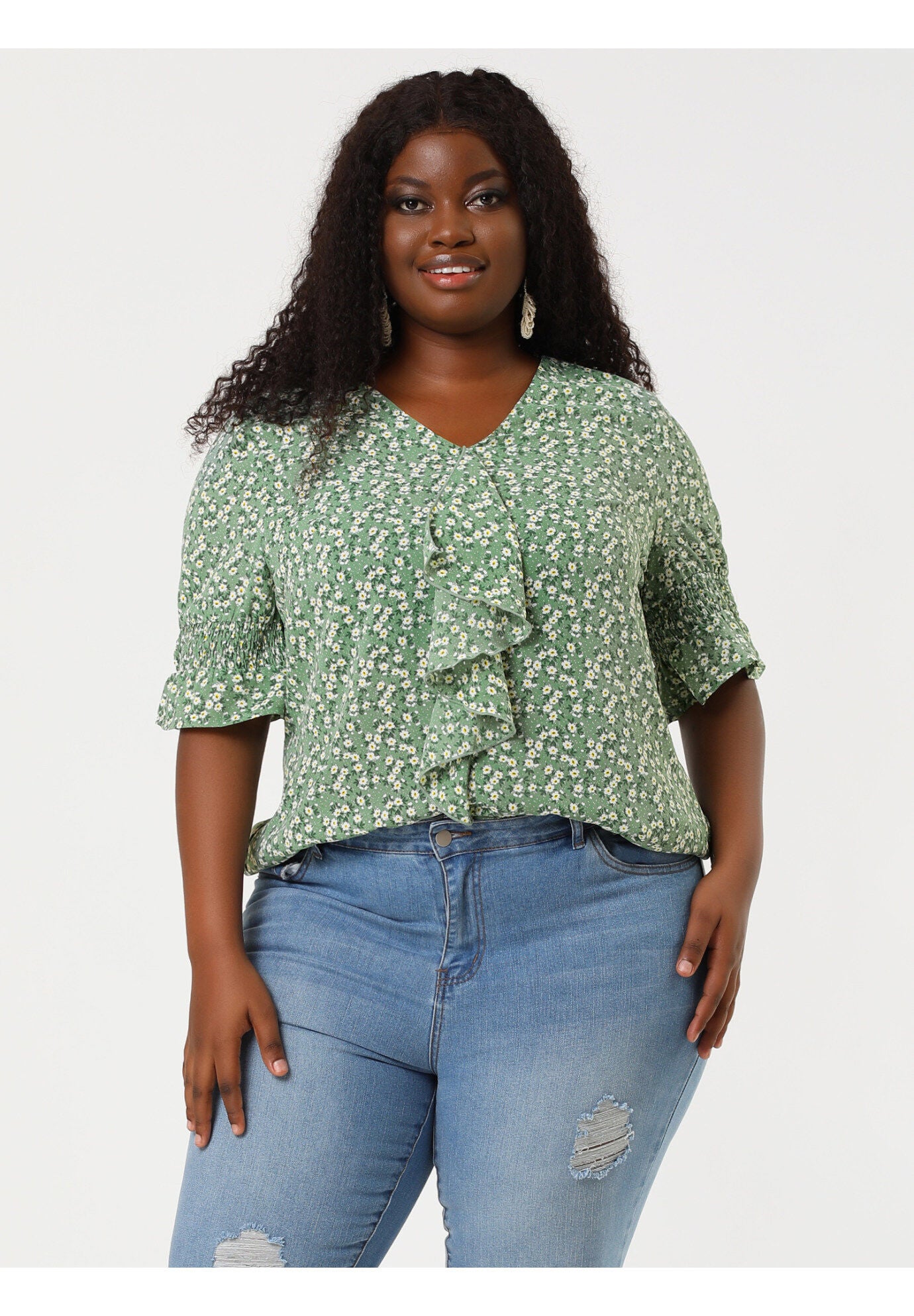 Ruffle Blouse V Neck Smocked Sleeves Top, White Green / Light Green, alternate image number 1